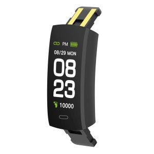 Fitness tracker t.b.t. nero con display che mostra ora e passi.