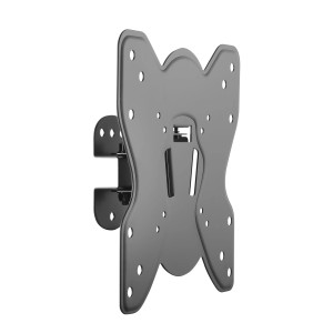 Supporto a parete grigio per TV, accessori video, vista laterale.