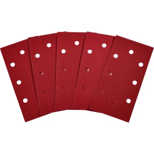 Cinque fogli abrasivi rossi LUX K180, 93x190mm, perforati, per accessori levigatrice orbitale.