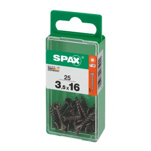 Viti universali Spax, 3,5x16 mm, zincate, nere, 25 pezzi in contenitore di plastica verde.