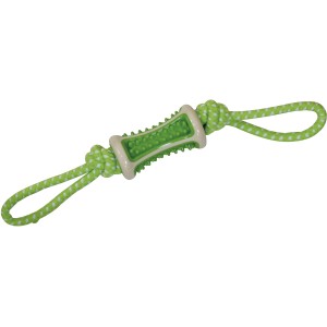 Corda verde per cani con elemento per la cura dei denti a forma di osso.