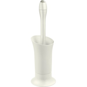 Spazzolone WC bianco con dispenser detergente integrato nel supporto.