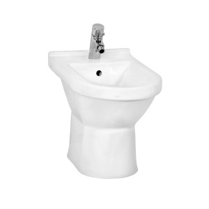 Bidet t.b.t. bianco con rubinetto, vista frontale.