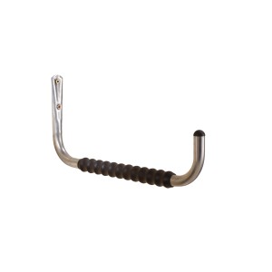 Gancio a muro in metallo con rivestimento in gomma nera per biciclette o attrezzi.