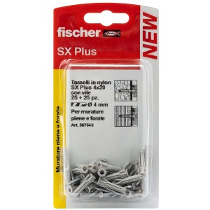 Fischer SX Plus tasselli 4x20 con viti, 25+25 pezzi, per fissaggi sicuri.