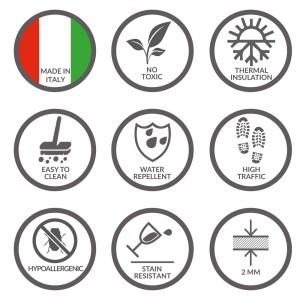 Caratteristiche tappeto: Made in Italy, atossico, isolamento termico, facile da pulire, idrorepellente, resistente al traffico, anallergico, antimacchia, spessore 2 mm.