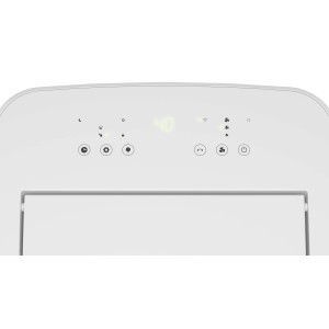 Dettaglio dei comandi di un deumidificatore. Superficie bianca con display e simboli.