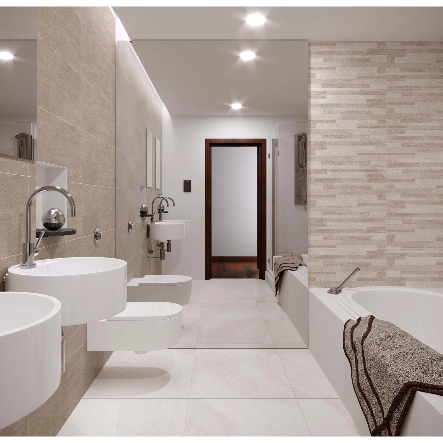 Bagno con piastrelle da rivestimento t.b.t. beige e sanitari bianchi.