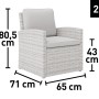 Set da 2: Poltrona da giardino in rattan con cuscini grigio chiaro e dimensioni.