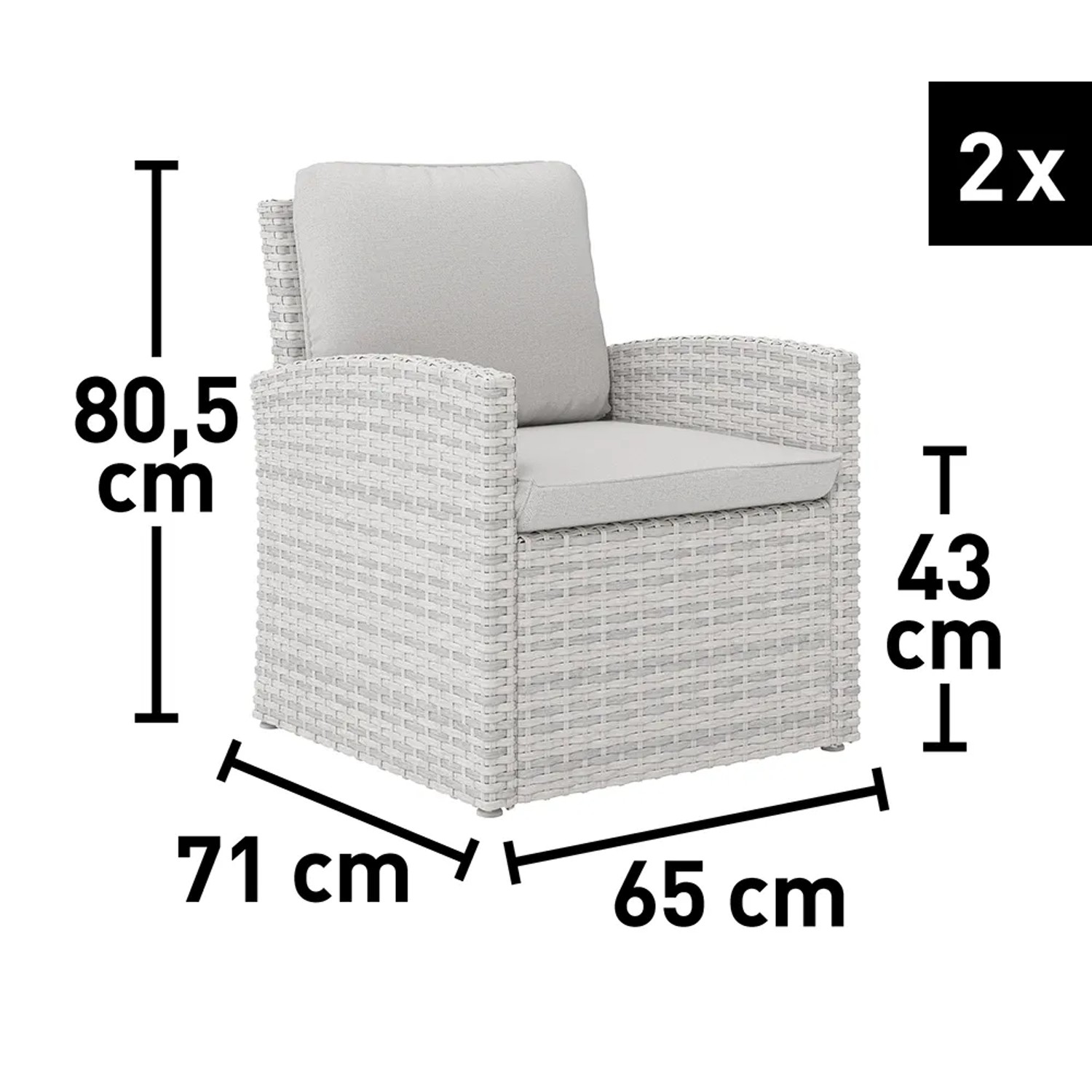 Set da 2: Poltrona da giardino in rattan con cuscini grigio chiaro e dimensioni.