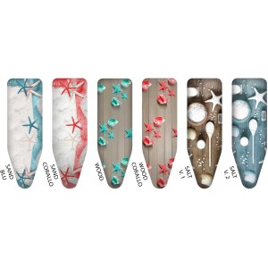 Diversi design per assi da stiro: motivi da spiaggia, effetto legno e motivi di sale.