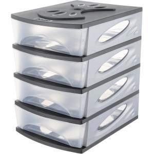 t.b.t. Cassettiera con quattro cassetti trasparenti e struttura grigia.