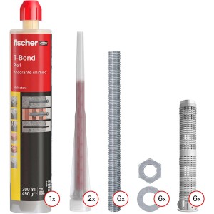 Set di ancoraggio chimico Fischer T-Bond Pro.1 con malta a iniezione, barre di ancoraggio, manicotti a setaccio e accessori.