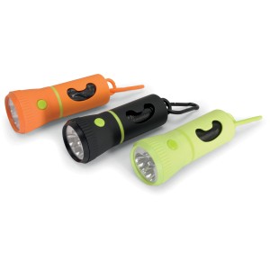 Tre dispenser di sacchetti igienici per cani t.b.t. con torcia integrata in arancione, nero e verde.