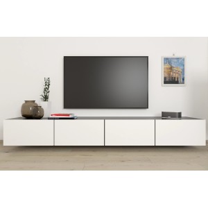 Mobile TV moderno bianco con piano scuro sotto una TV a schermo piatto.