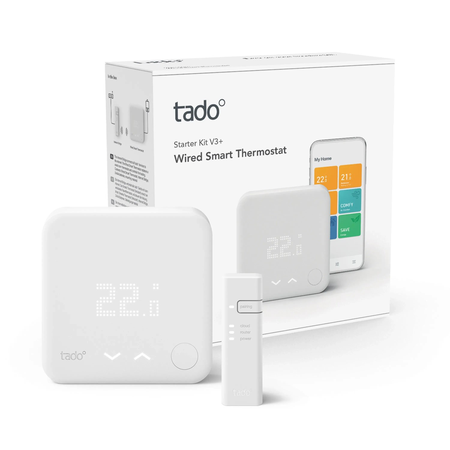 tado° Kit di base termostato intelligente V3+ per riscaldamento e riscaldamento a pavimento, termostati bianchi e confezione.