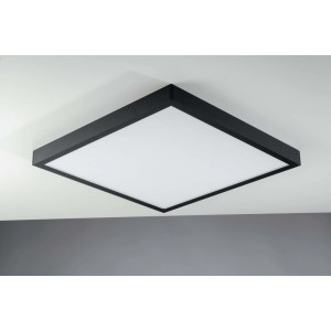 Pannello LED quadrato con cornice nera a soffitto.