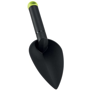 Cazzuola da giardino nera con manico verde per piccoli lavori di giardinaggio.