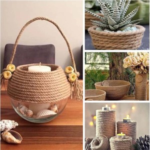 Oggetti decorativi in corda: portacandele, fioriere e ciotole in corda marrone.