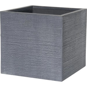Vaso per piante quadrato grigio con texture legno per interni ed esterni.