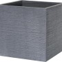 Vaso per piante quadrato grigio con texture legno per interni ed esterni.