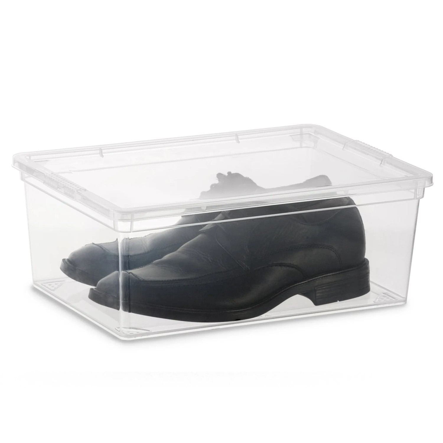 Contenitore trasparente KIS C S con coperchio, riempito con scarpe. Pratica scatola.