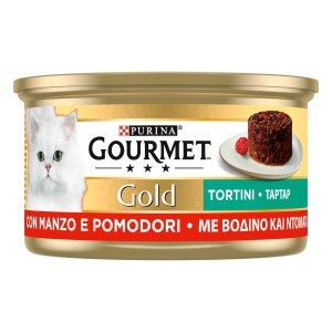 Gourmet Gold Tortini cibo umido per gatti con manzo e pomodori in lattina dorata.