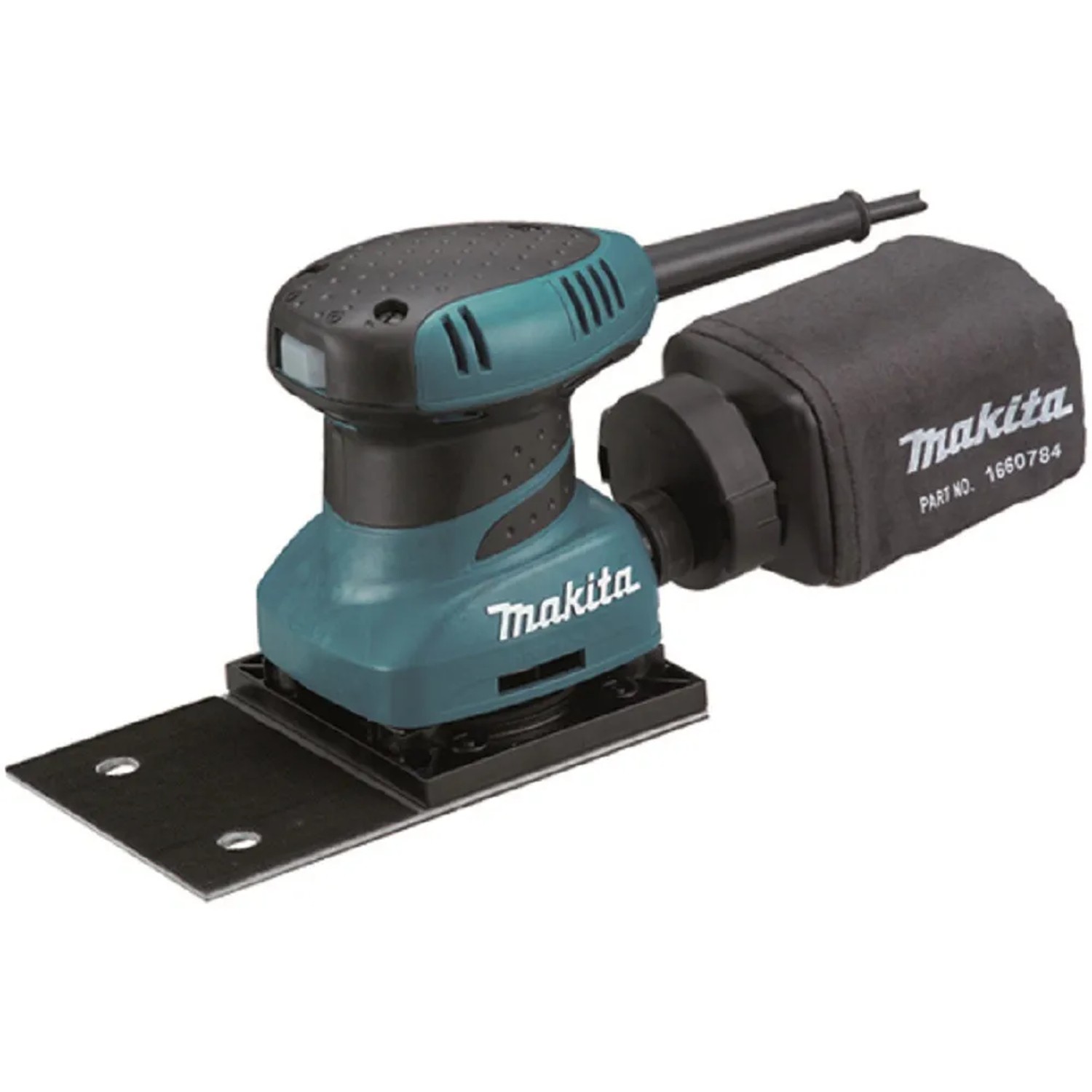 Levigatrice orbitale Makita con sacchetto raccoglipolvere per legno.