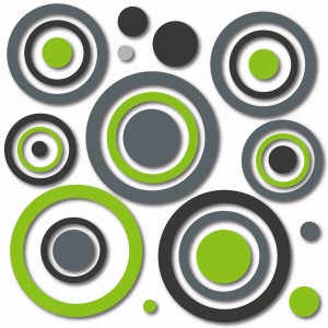 Pellicola autoadesiva decorativa con motivo a cerchi in verde, grigio e nero.