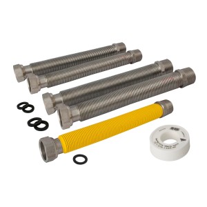 Set di tubi Tubi flex, in parte gialli, in parte argentati, con nastro sigillante e anelli di tenuta.