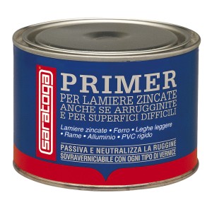 Barattolo di primer Saratoga, adatto per lamiere zincate, ferro, alluminio e PVC.