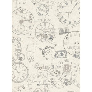 Carta da parati decorativa con motivi di orologi e francobolli in grigio su sfondo beige.