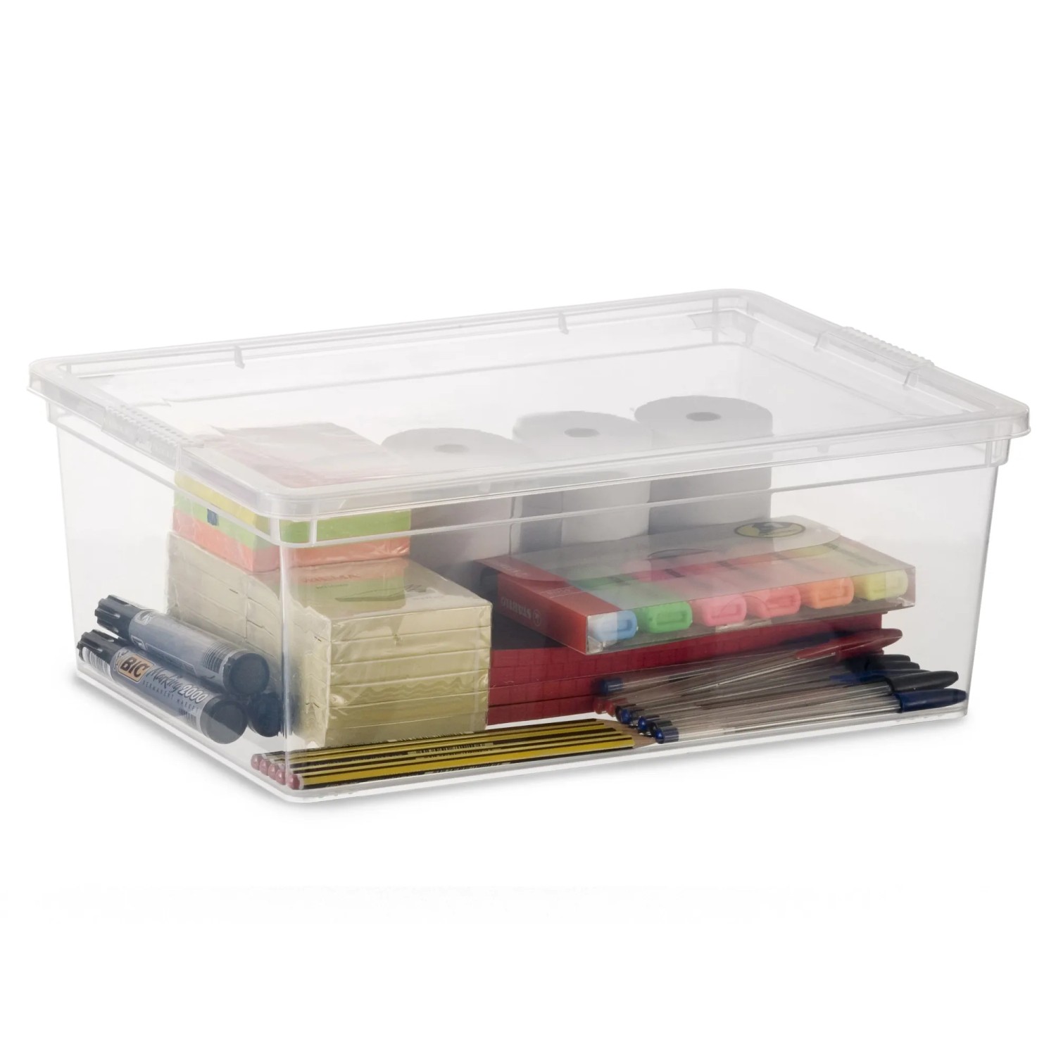 Box contenitore trasparente KIS C S con coperchio, riempita con articoli da ufficio.