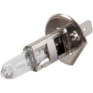 Lampada di ricambio OBI H1 per auto, bulbo in vetro trasparente con base in metallo.