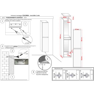 Istruzioni di montaggio per mobile bagno t.b.t.: Schema con misure e fasi di fissaggio.