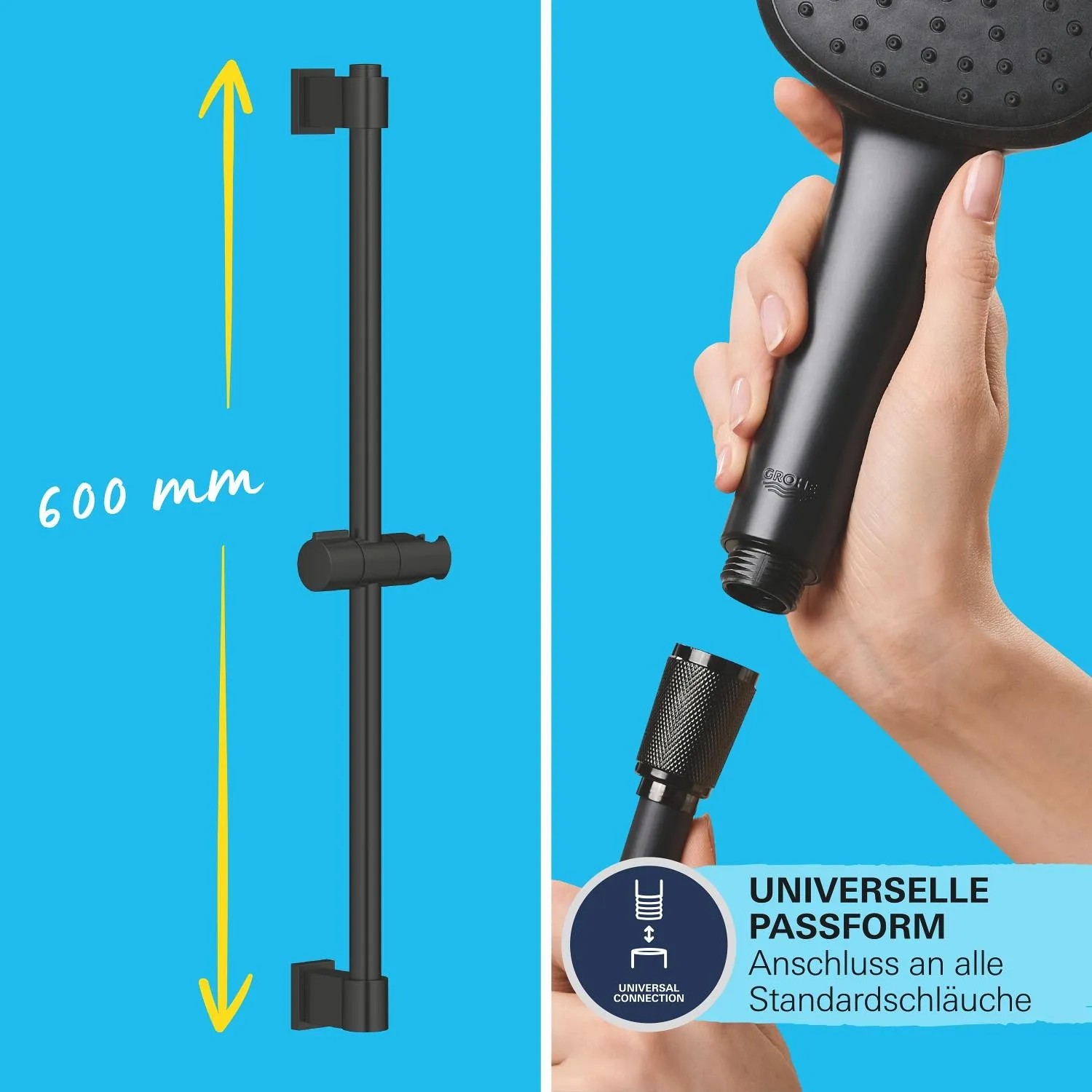 Set doccia Grohe Vitalio Start 110, nero opaco, con asta doccia e doccetta a 2 getti.