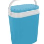 Frigorifero portatile blu con coperchio e manico bianchi per campeggio e tempo libero.