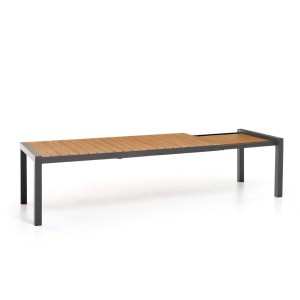 Tavolo da giardino moderno con effetto legno e struttura in metallo grigio.