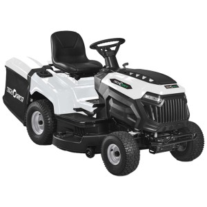 Trattorino tagliaerba t.b.t. bianco con sedile nero e cesto di raccolta.