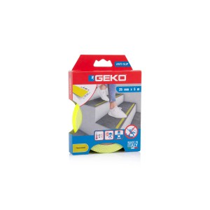 Nastro adesivo antiscivolo Geko, fluorescente, 25mm x 5m, su confezione con esempio di applicazione.
