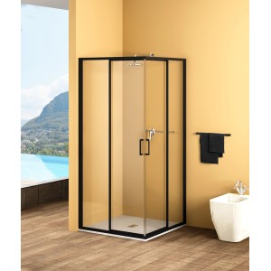 Box doccia angolare con telaio nero e vetro trasparente. Ideale per bagni moderni.