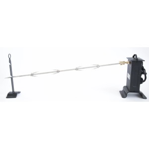 Spiedo rotante per barbecue a carbonella, con motore e supporto.