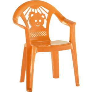 Sedia per bambini arancione con orsetto sullo schienale, in plastica resistente.