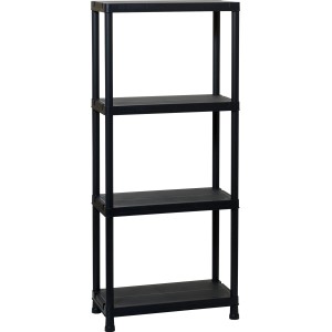 Scaffale in plastica nera con 4 ripiani, ideale per cantina, garage o ripostiglio.