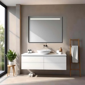 Specchio da parete rettangolare t.b.t. con illuminazione LED in bagno moderno.