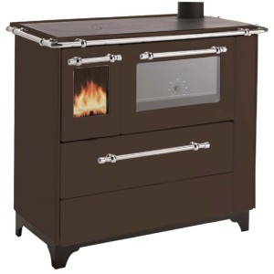 Stufa a legna marrone t.b.t. con vetro e piano cottura.