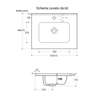 Disegno tecnico del lavabo singolo t.b.t. con dimensioni.