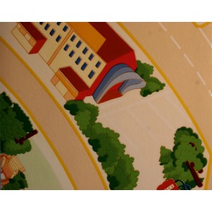 Rivestimento per pavimenti in PVC con motivo di città per bambini: edifici, strade e alberi.