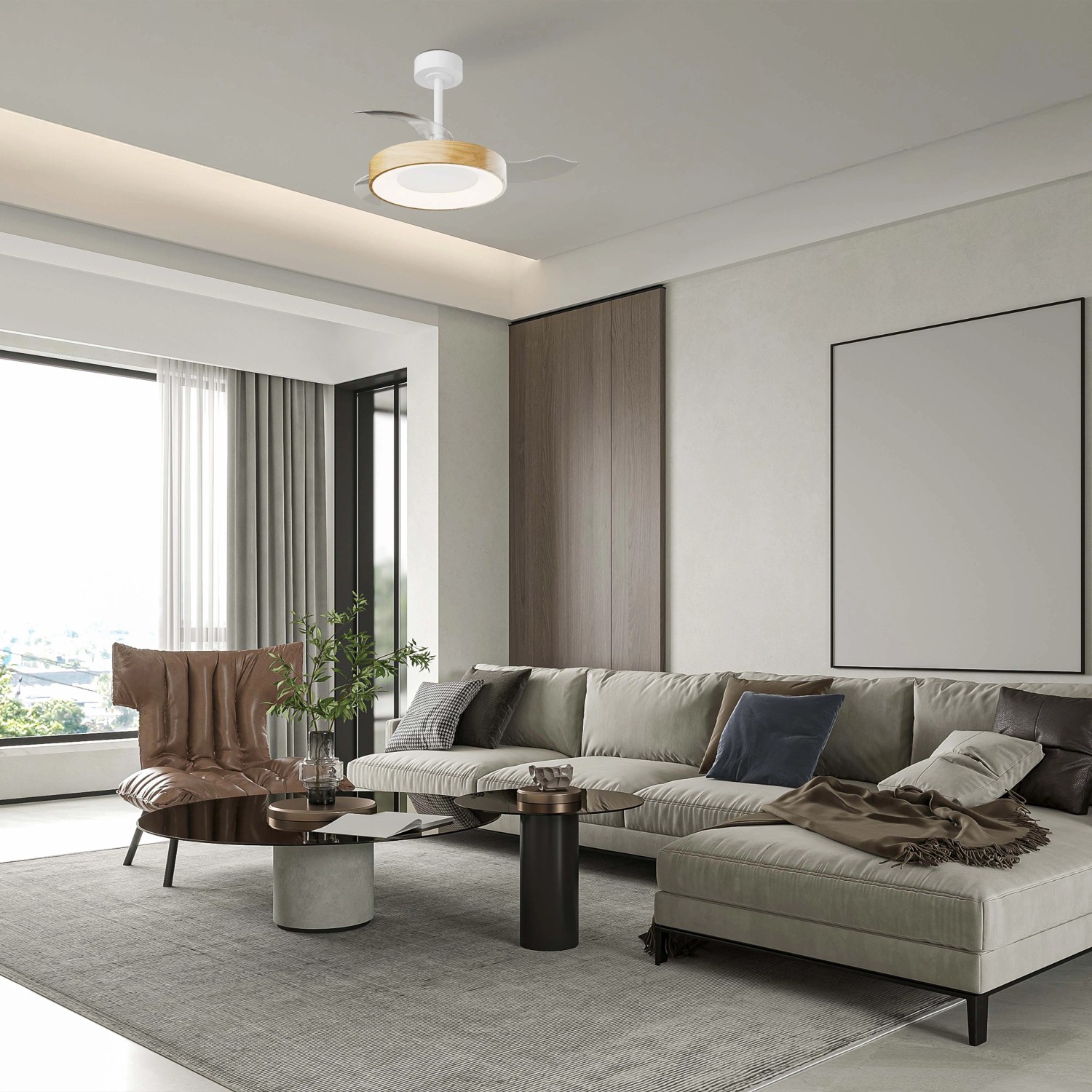 Plafoniere LED moderna t.b.t. con effetto legno e corpo bianco.