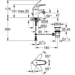Disegno tecnico del miscelatore bidet Grohe QuickFix Swift con dimensioni e dettagli di installazione.